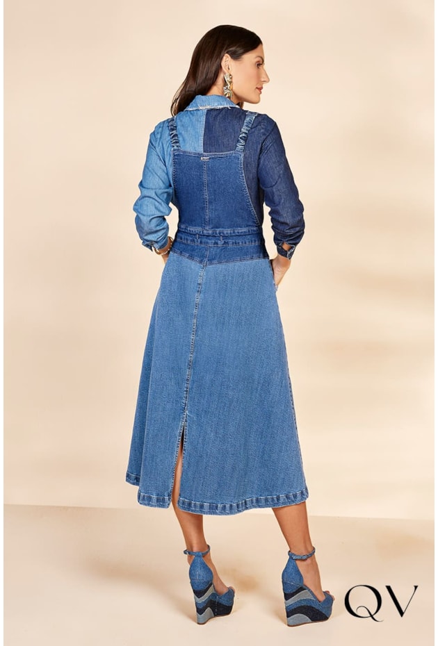 Salopete Jeans Block Color Titanium Jeans Moda Evangélica Feminina