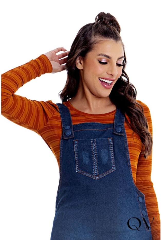 Salopete Jeans Com Blusa Terracota Hapuk Moda Evangélica Feminina