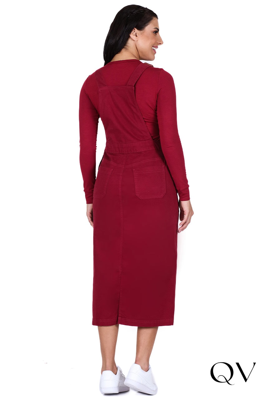 Salopete Jeans Com Fenda Vinho Hapuk QVestido - Moda Evangélica