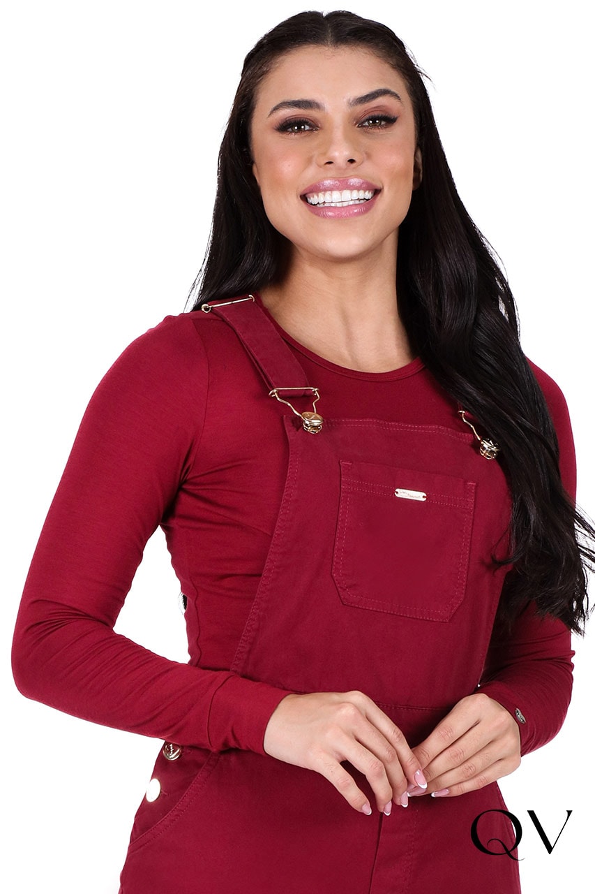 Salopete Jeans Com Fenda Vinho Hapuk QVestido - Moda Evangélica