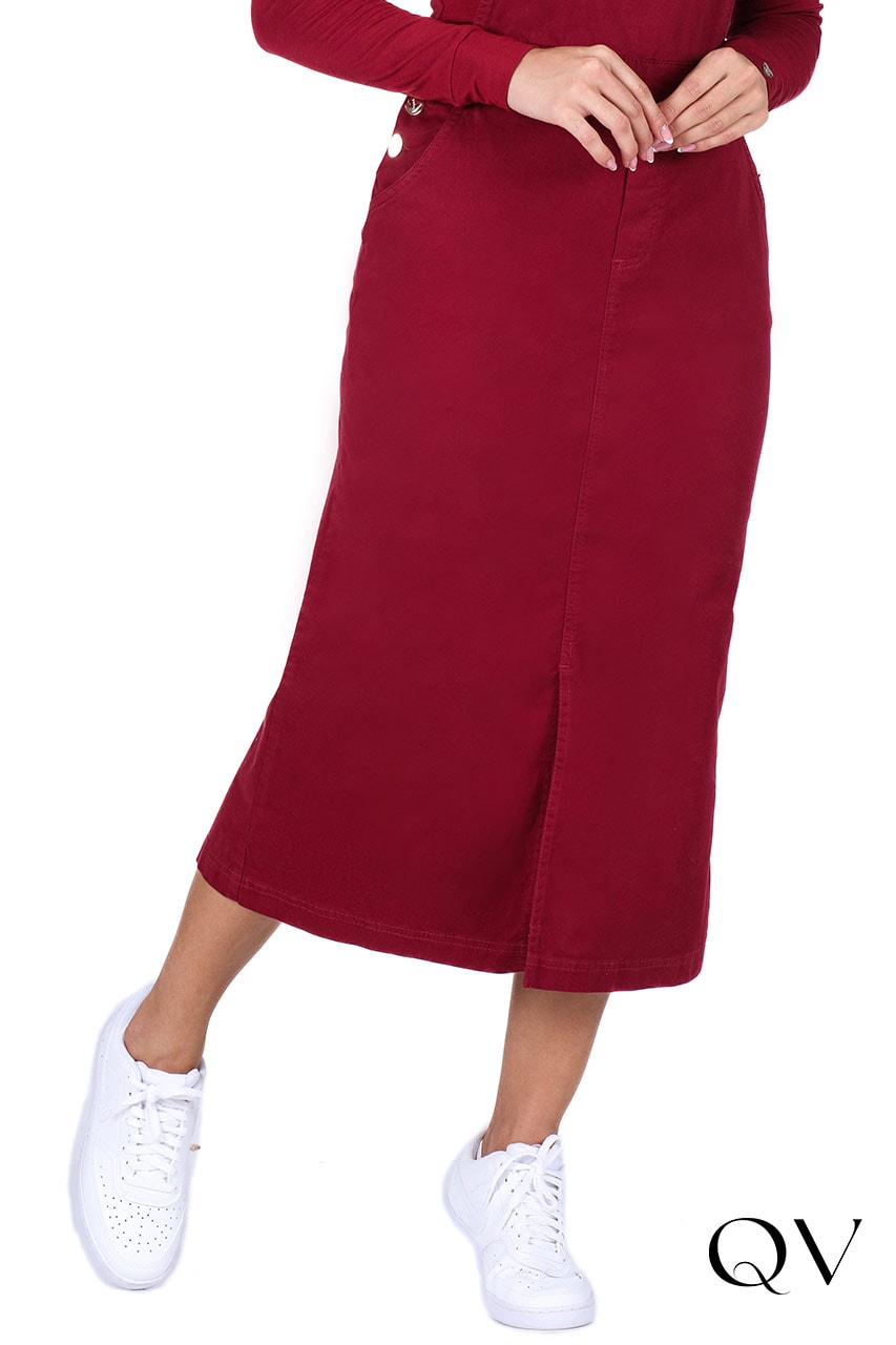 Salopete Jeans Com Fenda Vinho Hapuk QVestido - Moda Evangélica