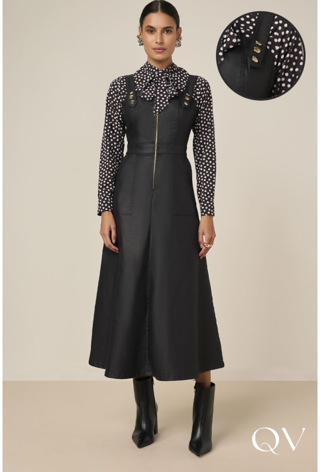 SALOPETE MIDI RESINADA COM ZÍPER PRETO - TITANIUM JEANS SALOPETE MIDI RESINADA COM ZÍPER PRETO - TITANIUM JEANS