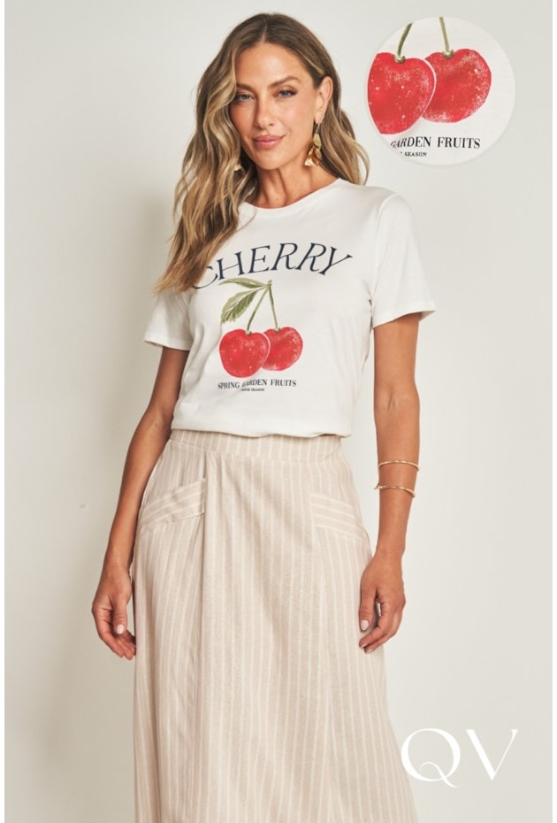T-SHIRT CHERRY EM MEIA MALHA OFF WHITE - DOCE TRAMA