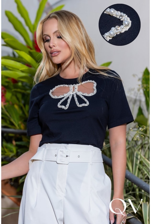 T-SHIRT COM LAÇO VAZADO COM TULE ILUSION EM MALHA PRETO - LUZIA FAZZOLLI