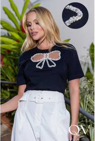 T-SHIRT COM LAÇO VAZADO COM TULE ILUSION EM MALHA PRETO - LUZIA FAZZOLLI