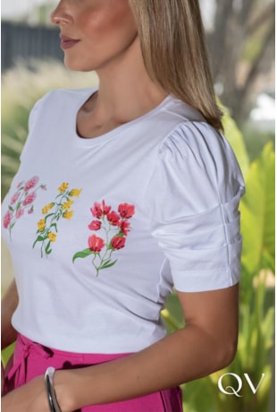 T-SHIRT EM MALHA FLORAL BRANCO - LUZIA FAZZOLLI