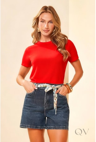 T-SHIRT EM MALHA TRICOT FLAMÊ VERMELHO - DOCE TRAMA