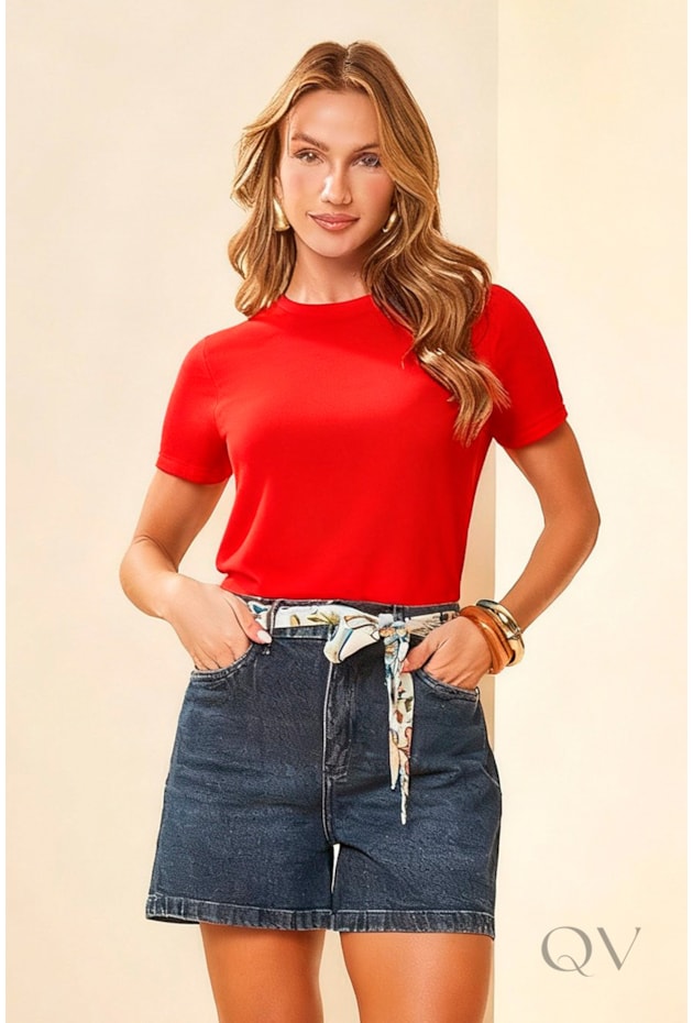 T-SHIRT EM MALHA TRICOT FLAMÊ VERMELHO - DOCE TRAMA