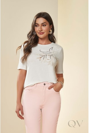 T-SHIRT EM MEIA MALHA VISCOLINHO NATURAL - DOCE TRAMA