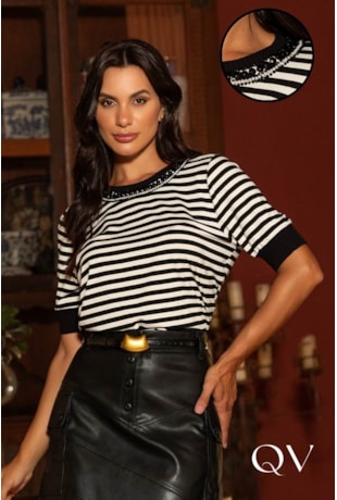 T-SHIRT EM POLIÉSTER LISTRADO PRETO - ARTSY T-SHIRT EM POLIÉSTER LISTRADO PRETO - ARTSY