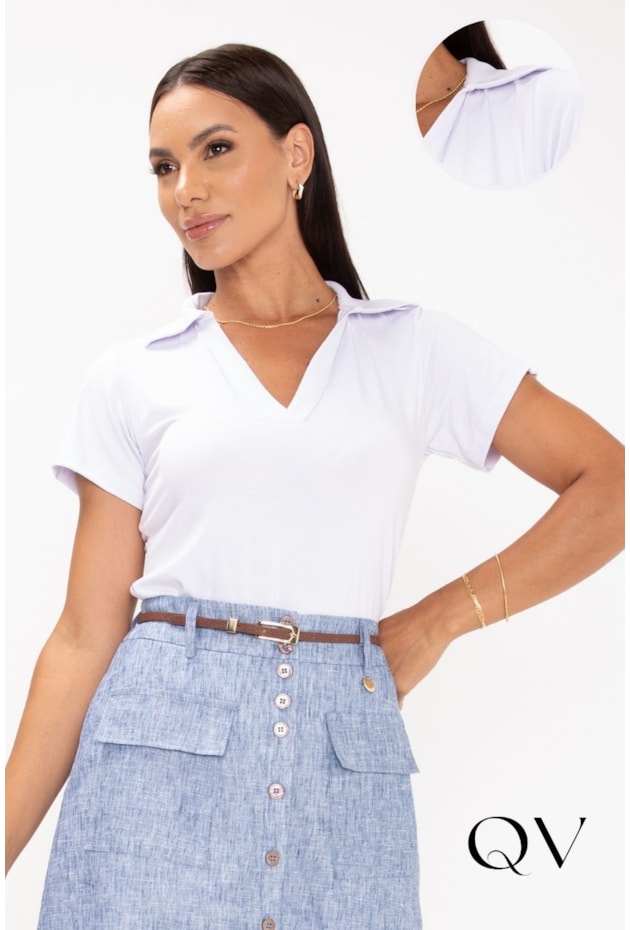 T-SHIRT EM VISCOLYCRA COM GOLA BRANCO - LEKAZIS T-SHIRT EM VISCOLYCRA COM GOLA BRANCO - LEKAZIS