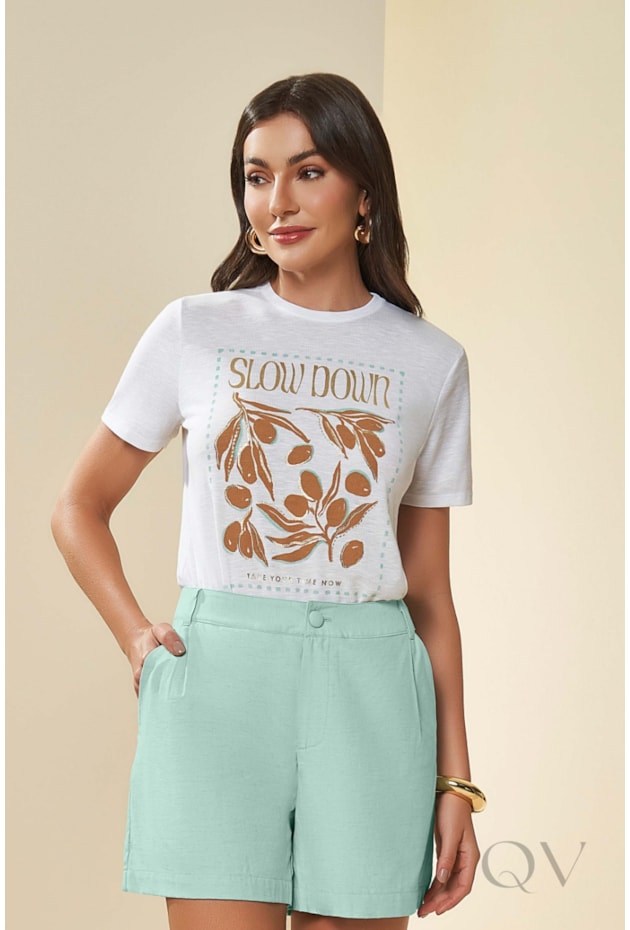 T-SHIRT ESTAMPADA EM TRICOT FLAMÊ BRANCO - DOCE TRAMA