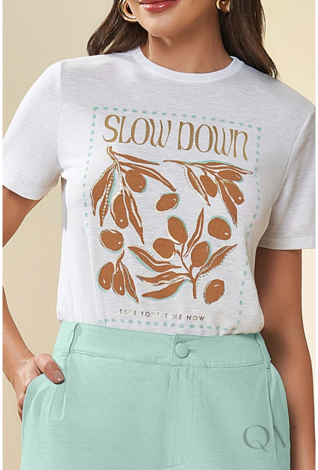 T-SHIRT ESTAMPADA EM TRICOT FLAMÊ BRANCO - DOCE TRAMA