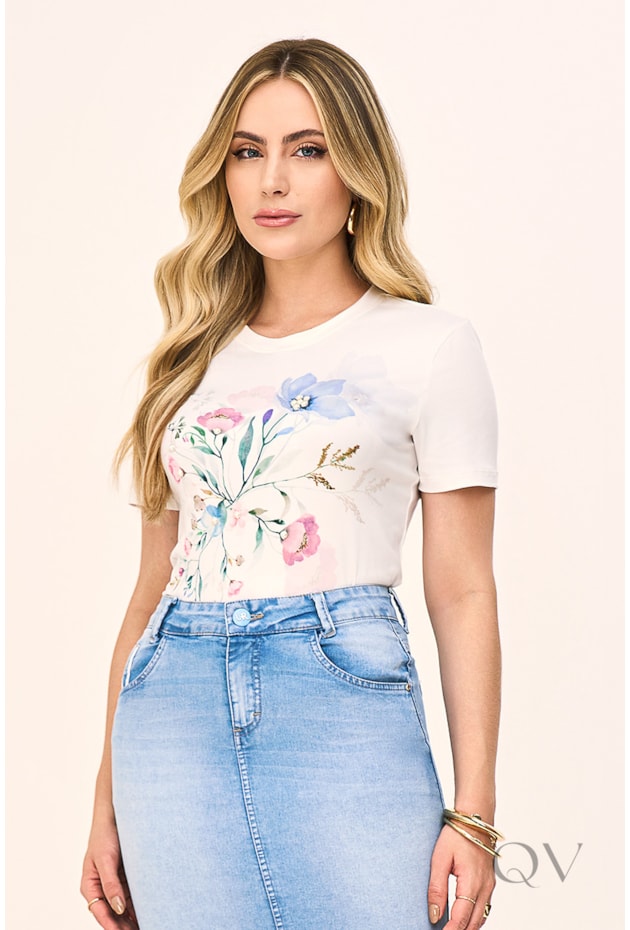 T-SHIRT GOLA REDONDA EM MALHA ESTAMPADO - LAURA ROSA