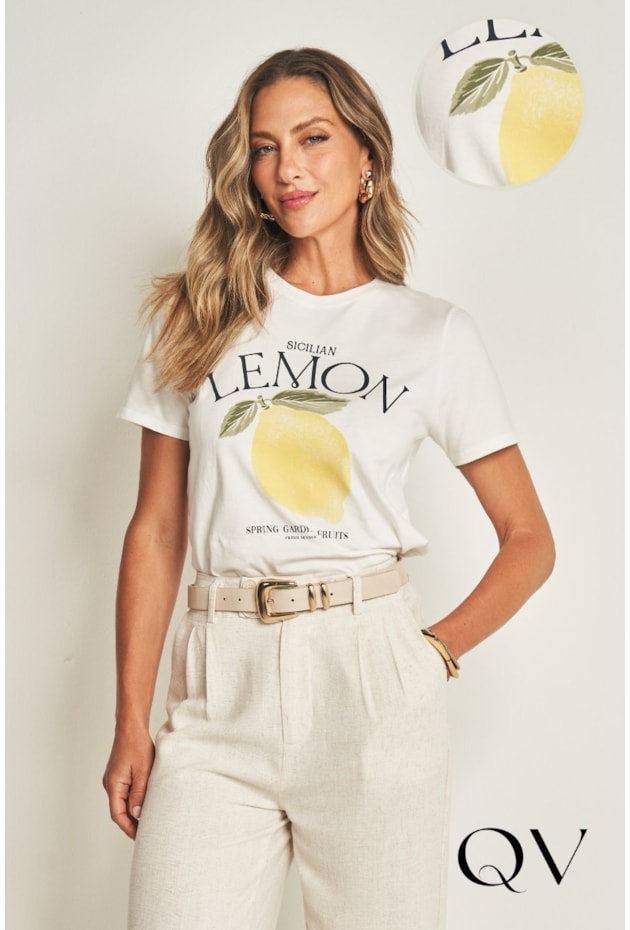 T-SHIRT LEMON EM MEIA MALHA OFF WHITE - DOCE TRAMA