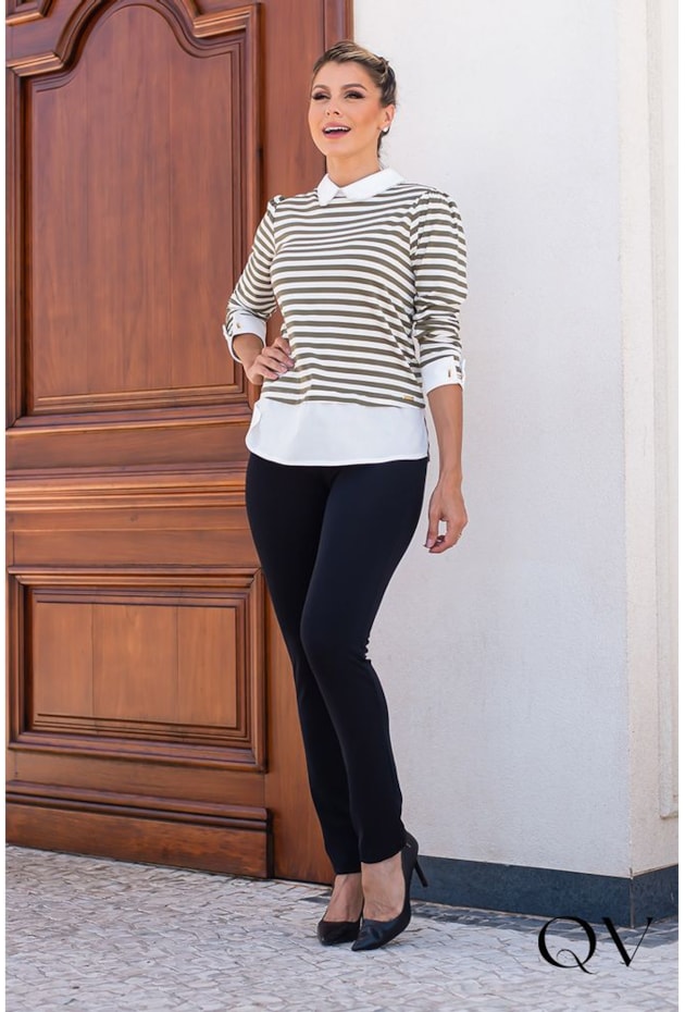 T-SHIRT LISTRADA MANGA LONGA VERDE - EVA BELLA T-SHIRT LISTRADA MANGA LONGA VERDE - EVA BELLA