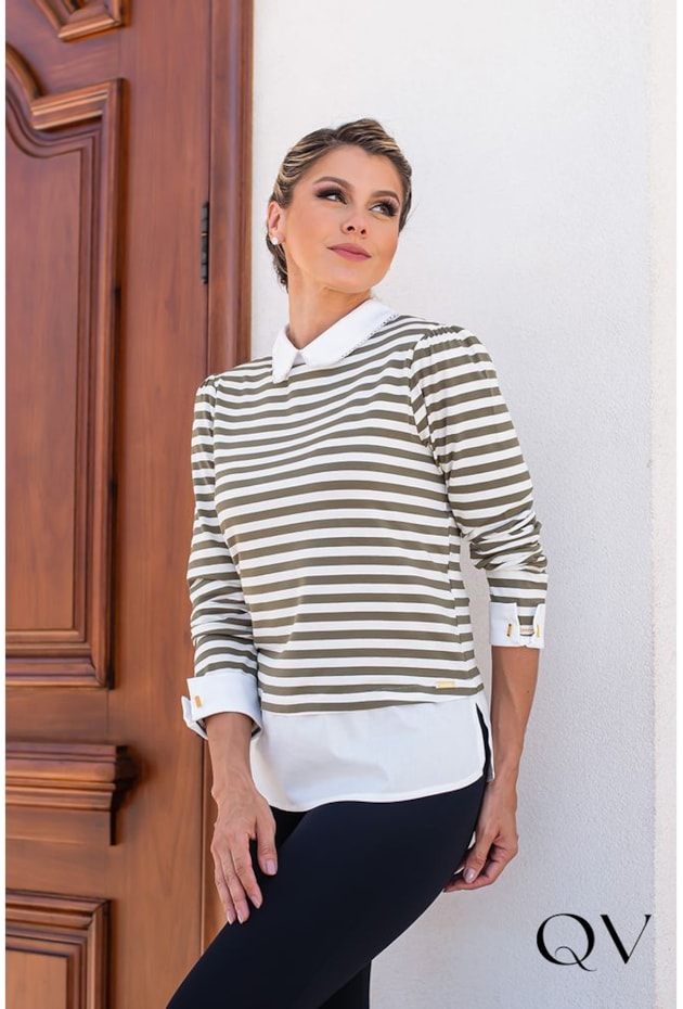 T-SHIRT LISTRADA MANGA LONGA VERDE - EVA BELLA T-SHIRT LISTRADA MANGA LONGA VERDE - EVA BELLA