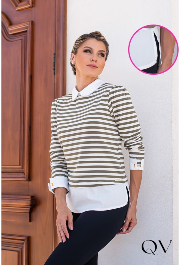 T-SHIRT LISTRADA MANGA LONGA VERDE - EVA BELLA T-SHIRT LISTRADA MANGA LONGA VERDE - EVA BELLA