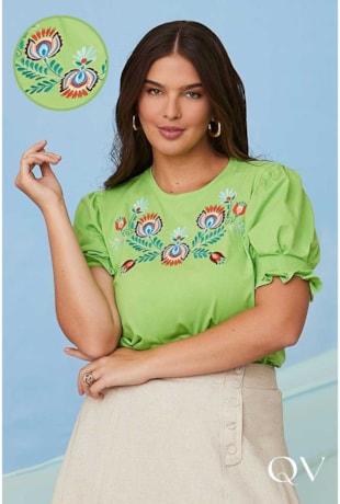 T-SHIRT MALHA BORDADO FOLK VERDE LIMA - LUZIA FAZZOLLI