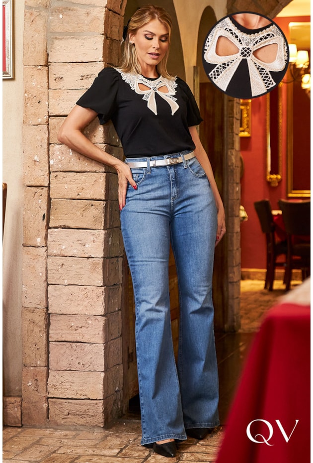 T-SHIRT MALHA BORDADO LAÇO PRETO - LUZIA FAZZOLLI T-SHIRT MALHA BORDADO LAÇO PRETO - LUZIA FAZZOLLI