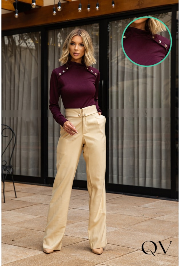 T-SHIRT MALHA CANELADA COM BOTÕES MARSALA - EVA BELLA T-SHIRT MALHA CANELADA COM BOTÕES MARSALA - EVA BELLA