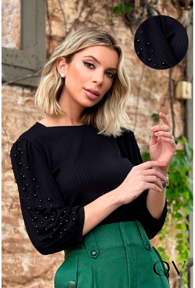 T-SHIRT MALHA CANELADA COM PÉROLAS PRETO - EVA BELLA T-SHIRT MALHA CANELADA COM PÉROLAS PRETO - EVA BELLA