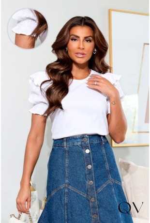 T-SHIRT MALHA COM BABADOS E LAISE BRANCO - LUZIA FAZZOLLI