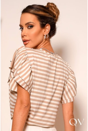 T-SHIRT MALHA COM BORDADO LAÇO LISTRADA BEGE - LUZIA FAZZOLLI