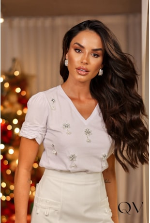 T-SHIRT MALHA COM BORDADOS BRANCO - LUZIA FAZZOLLI