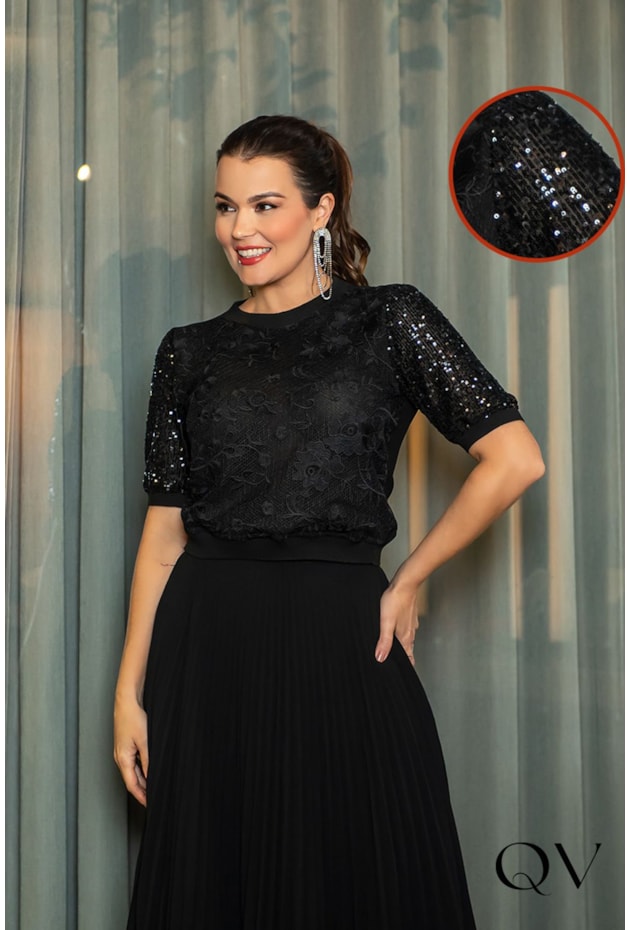 T-SHIRT RENDA MANGA PAETÊ PRETO - LUZIA FAZZOLLI T-SHIRT RENDA MANGA PAETÊ PRETO - LUZIA FAZZOLLI