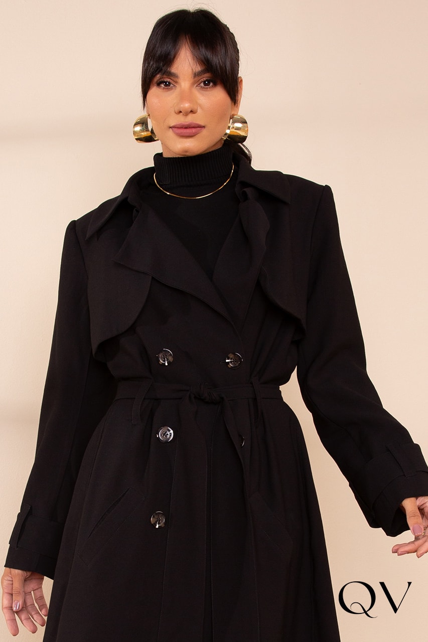 Trench Coat Preto Lekazis QVestido - Moda Executiva Feminina