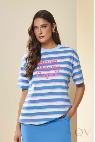 TSHIRT EM MALHA LISTRADA ESTAMPADA - DOCE TRAMA