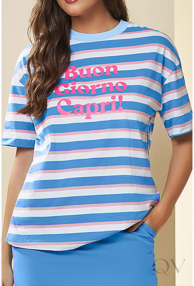 TSHIRT EM MALHA LISTRADA ESTAMPADA - DOCE TRAMA