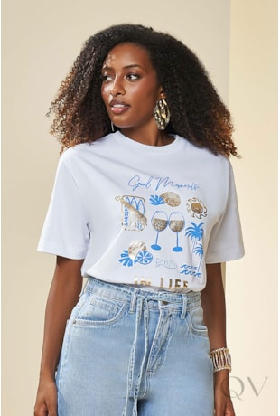 TSHIRT MANGA CURTA EM MEIA MALHA BRANCO E AZUL JEANS - DOCE TRAMA