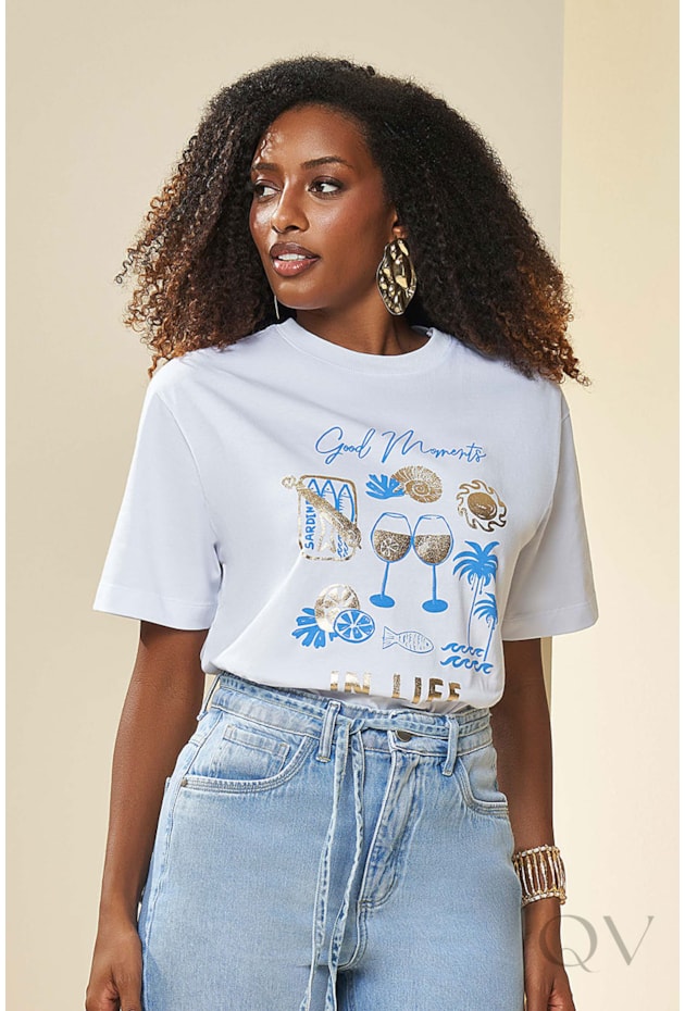 TSHIRT MANGA CURTA EM MEIA MALHA BRANCO E AZUL JEANS - DOCE TRAMA