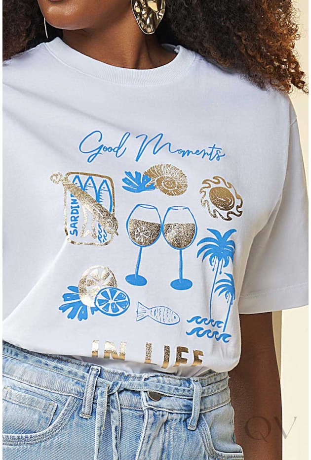 TSHIRT MANGA CURTA EM MEIA MALHA BRANCO E AZUL JEANS - DOCE TRAMA