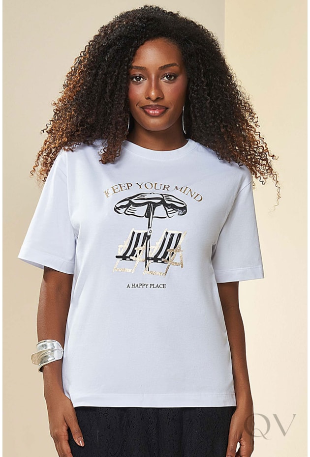 TSHIRT MANGA CURTA EM MEIA MALHA ESTAMPADO BRANCO - DOCE TRAMA