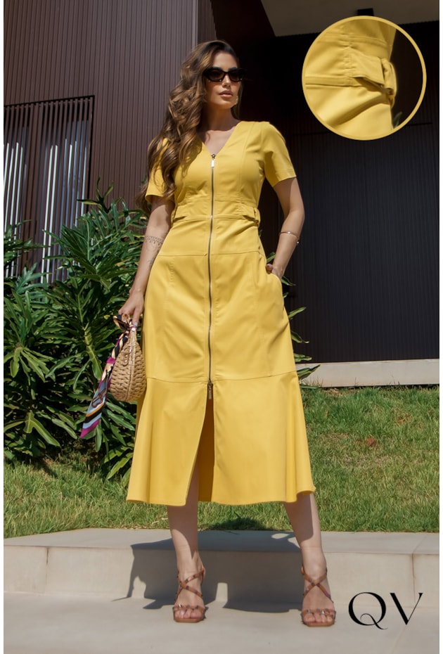 VESTIDO ALFAIATARIA ZÍPER FRONTAL AMARELO - LUZIA FAZZOLLI