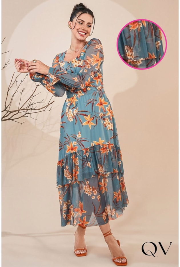 VESTIDO BARRADO DUPLO FLORAL AZUL - JANY PIM VESTIDO BARRADO DUPLO FLORAL AZUL - JANY PIM
