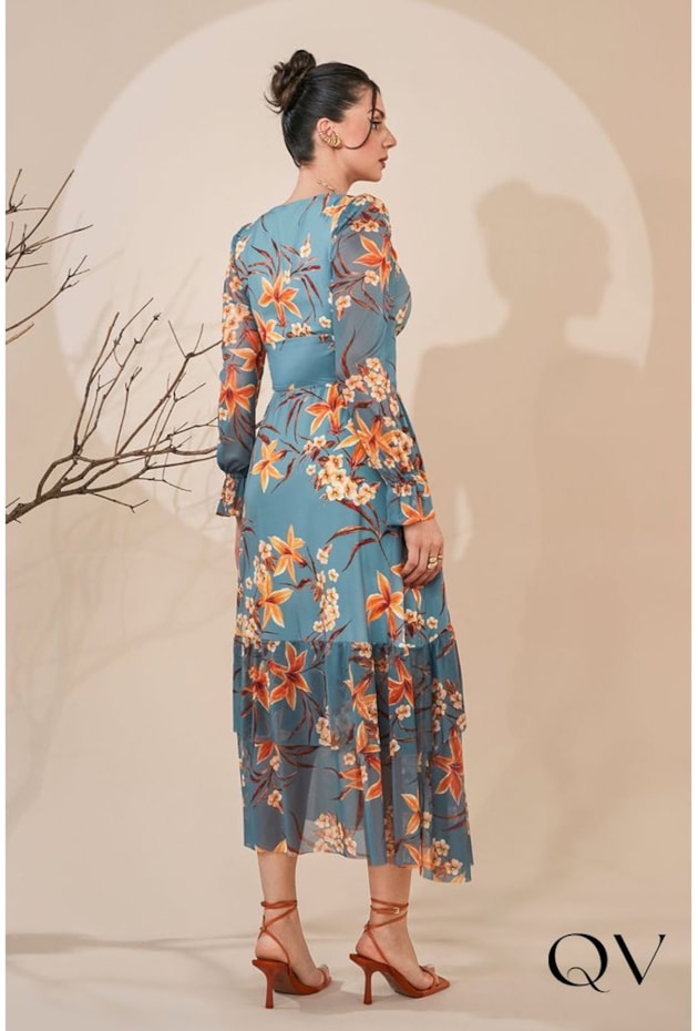 VESTIDO BARRADO DUPLO FLORAL AZUL - JANY PIM VESTIDO BARRADO DUPLO FLORAL AZUL - JANY PIM
