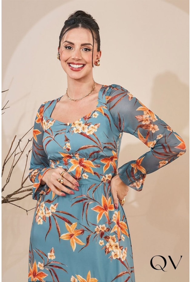 VESTIDO BARRADO DUPLO FLORAL AZUL - JANY PIM VESTIDO BARRADO DUPLO FLORAL AZUL - JANY PIM