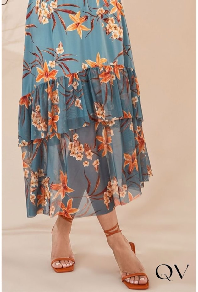 VESTIDO BARRADO DUPLO FLORAL AZUL - JANY PIM VESTIDO BARRADO DUPLO FLORAL AZUL - JANY PIM