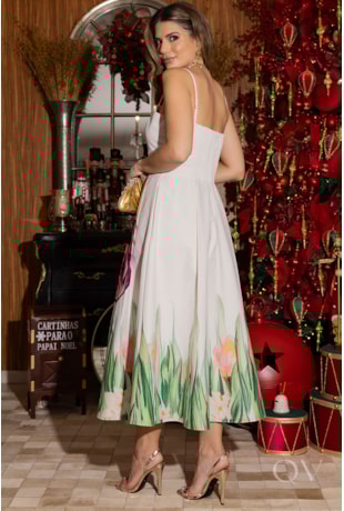 VESTIDO BARRADO FLORAL EM SARJA BEGE - LUZIA FAZZOLLI