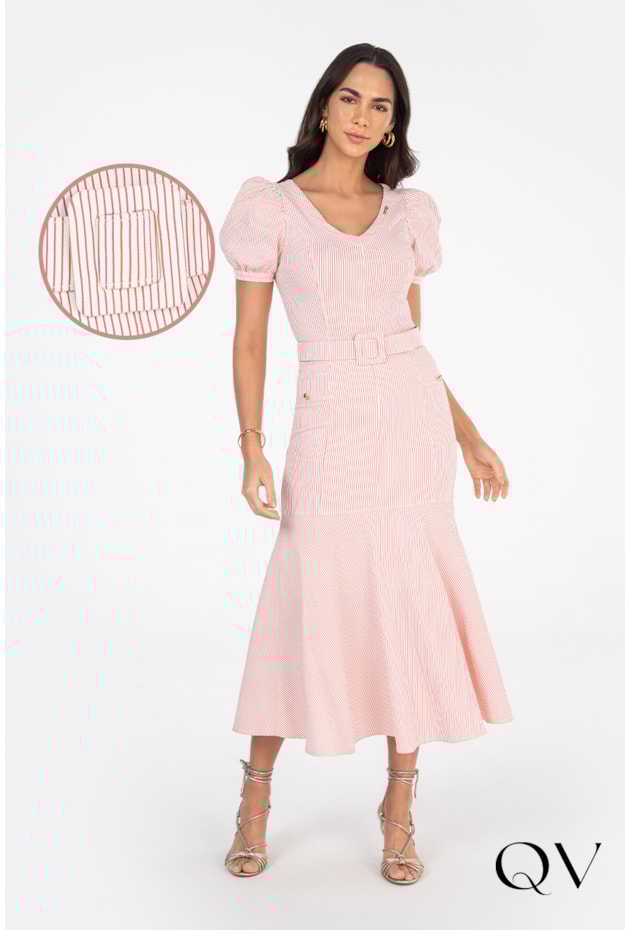 Vestido Bengaline Listrado Vermelho Via Tolentino Moda Evangélica