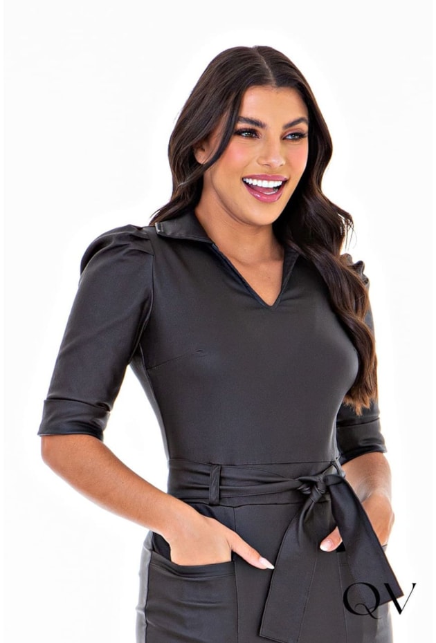 Vestido Bengaline Resinado Preto Hapuk Moda Evangélica Feminina