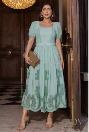 VESTIDO BORDADO COM CINTO EM VOIL VERDE CLARO - LUZIA FAZZOLLI