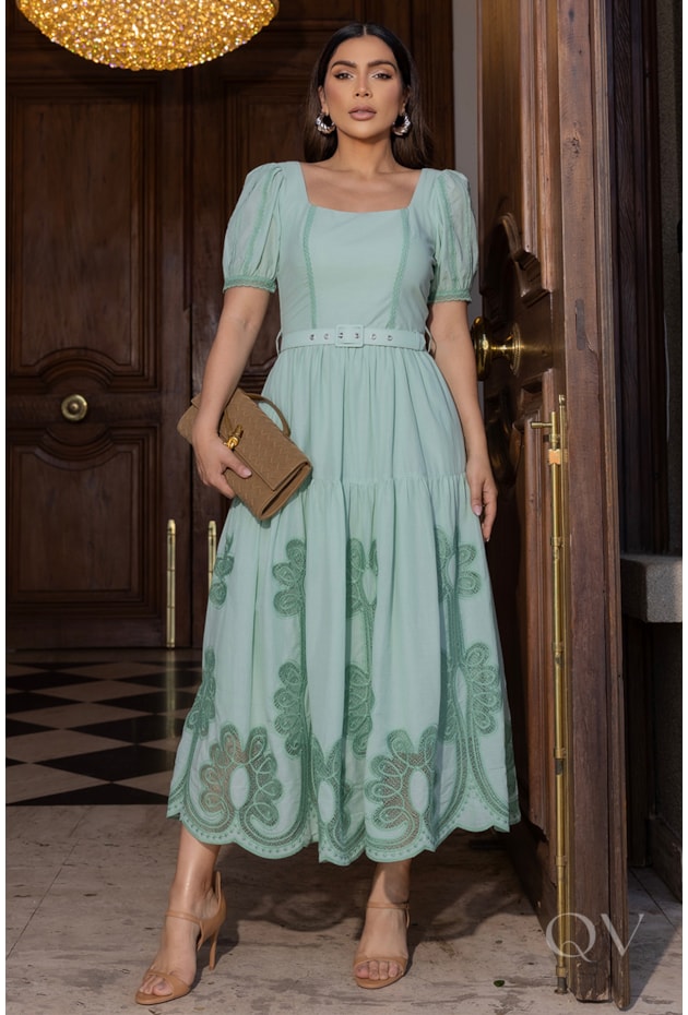 VESTIDO BORDADO COM CINTO EM VOIL VERDE CLARO - LUZIA FAZZOLLI