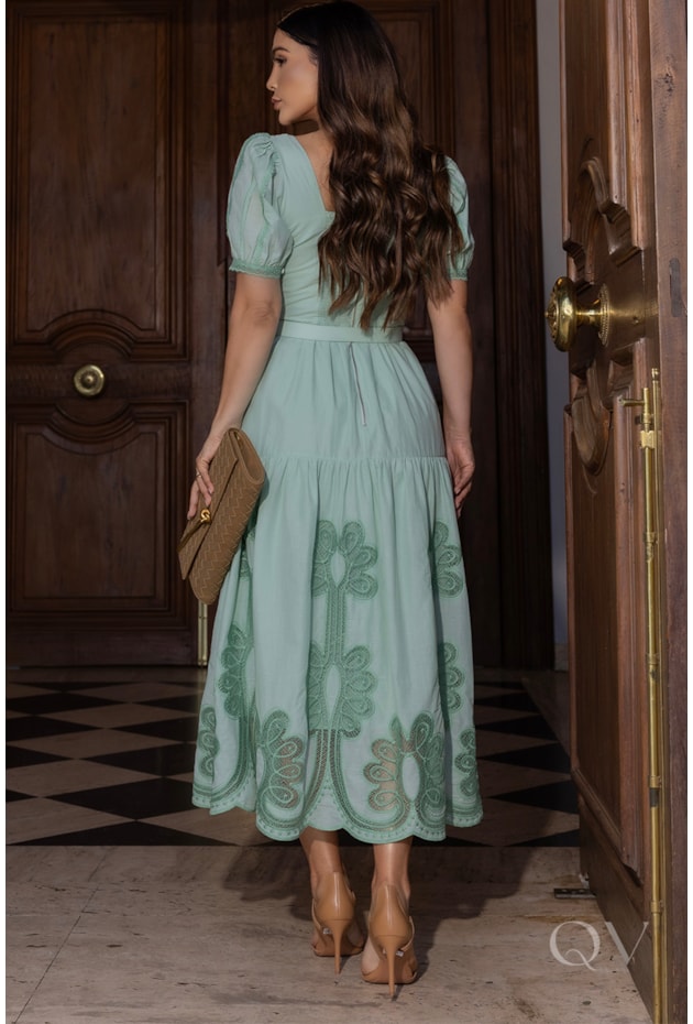 VESTIDO BORDADO COM CINTO EM VOIL VERDE CLARO - LUZIA FAZZOLLI