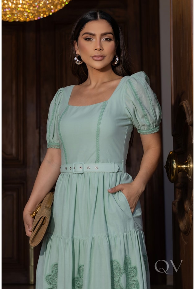 VESTIDO BORDADO COM CINTO EM VOIL VERDE CLARO - LUZIA FAZZOLLI