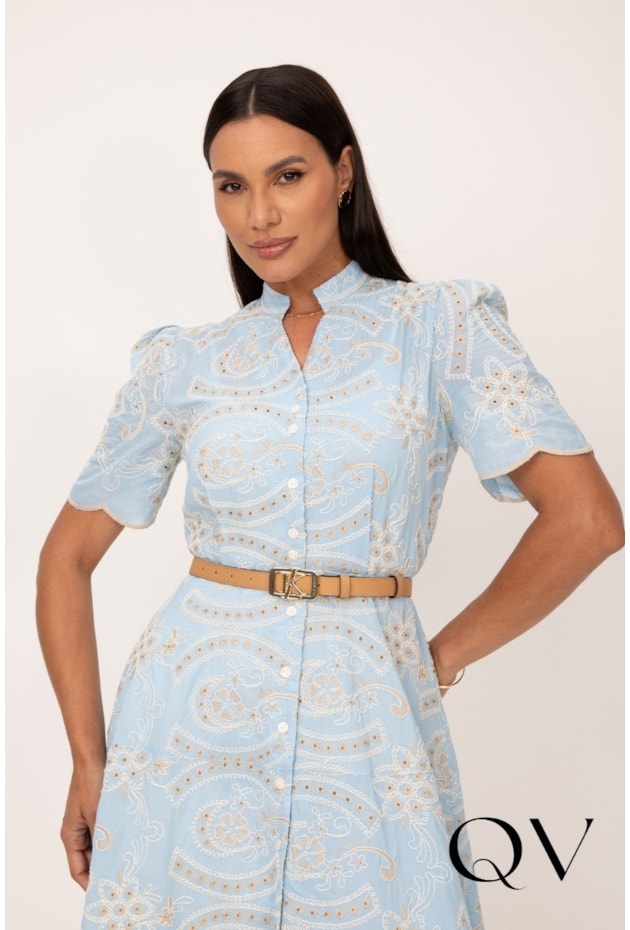 VESTIDO BORDADO DE CORDAS EM LAISE AZUL - LEKAZIS